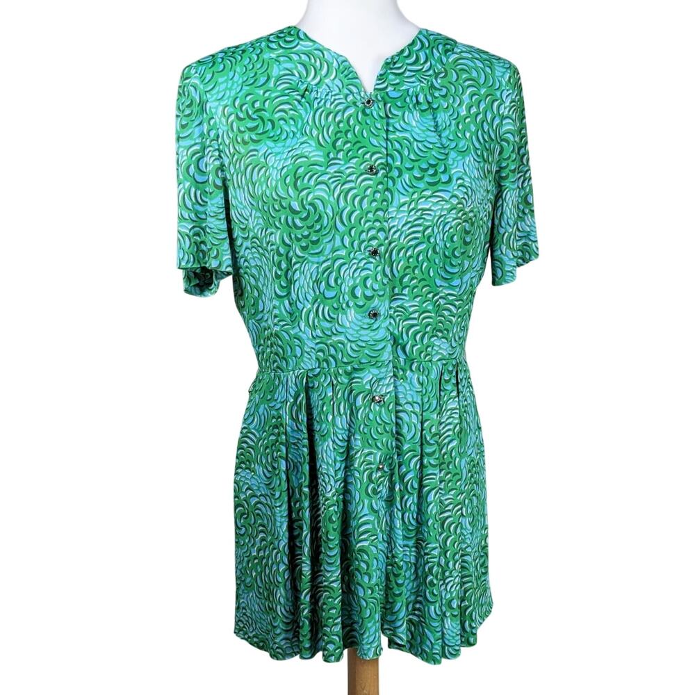 Vintage 1960s/1970s Korell Green Blue Patterned Button Up Micro Mini Dress